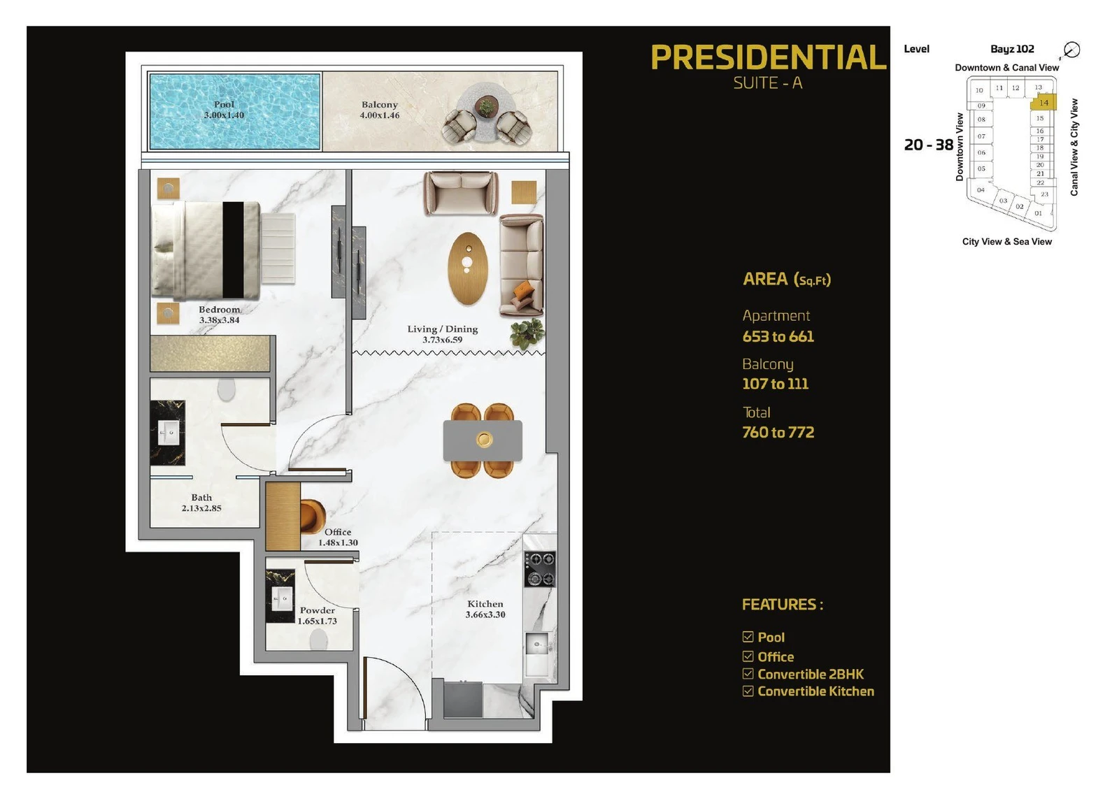 Bayz 102 1 bedroom Presidential Suite A apartment floor plan with pool and office, 760 to 772 sq ft