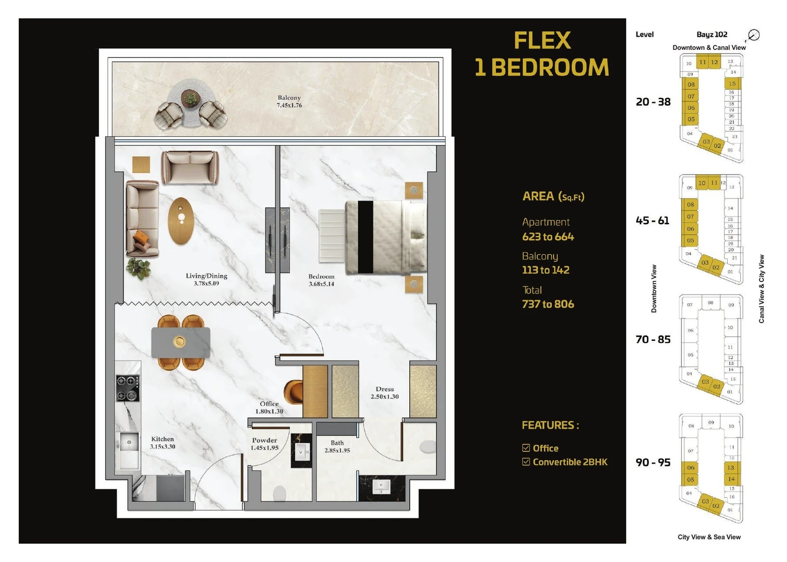 Bayz 102 Flex with Office 1 bedroom apartment floor plan, convertible to 2BHK, 737 to 806 sq ft