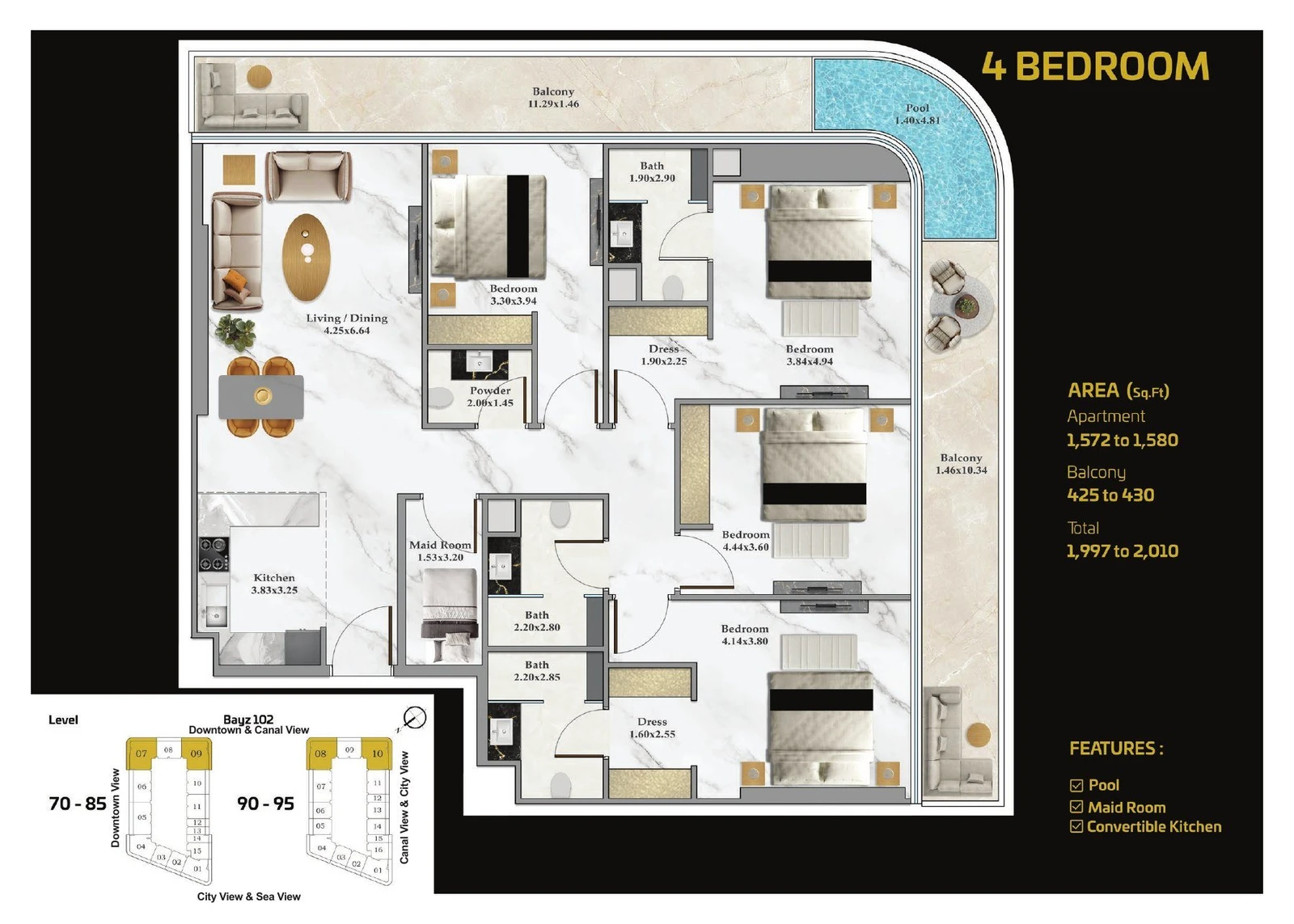 Bayz 102 4 bedroom With Pool apartment floor plan with maid room, 1997 to 2010 sq ft