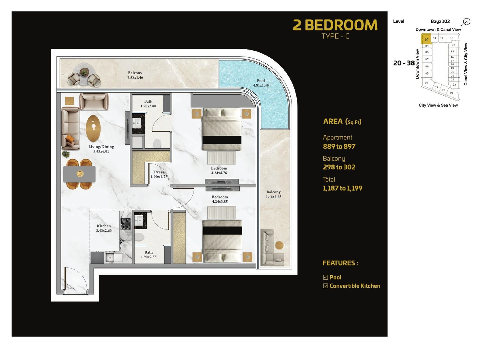 Bayz 102 2 Bedroom Type C apartment floor plan with pool, 1187 to 1199 sq ft