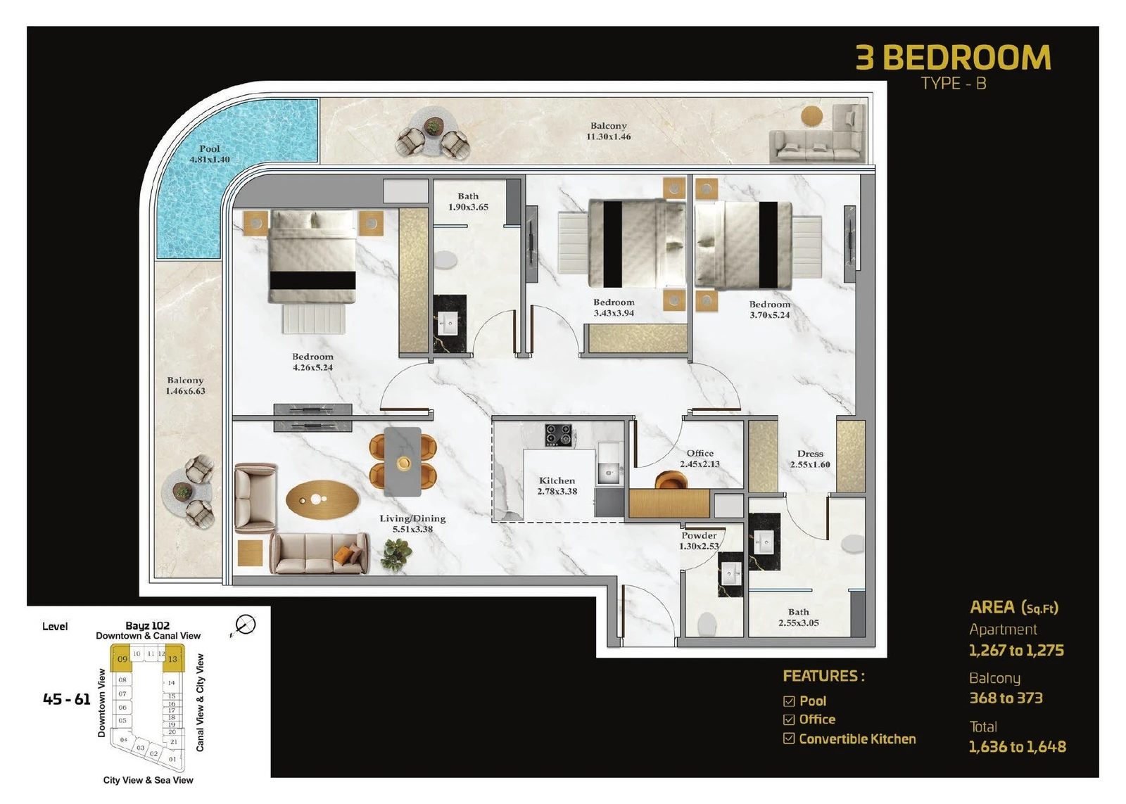 Bayz 102 3 Bedroom Type B apartment floor plan with pool and office, 1636 to 1648 sq ft