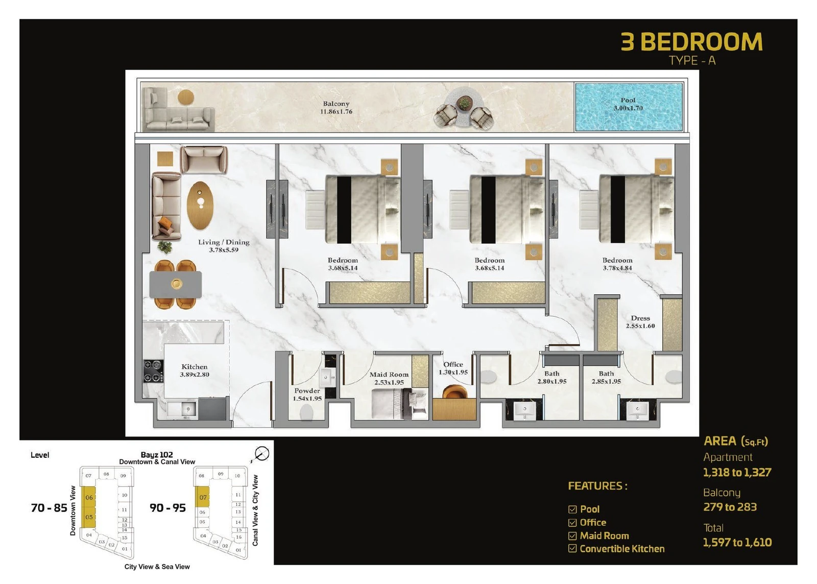 Bayz 102 3 Bedroom Type A apartment floor plan with pool, office and maid room, 1597 to 1610 sq ft