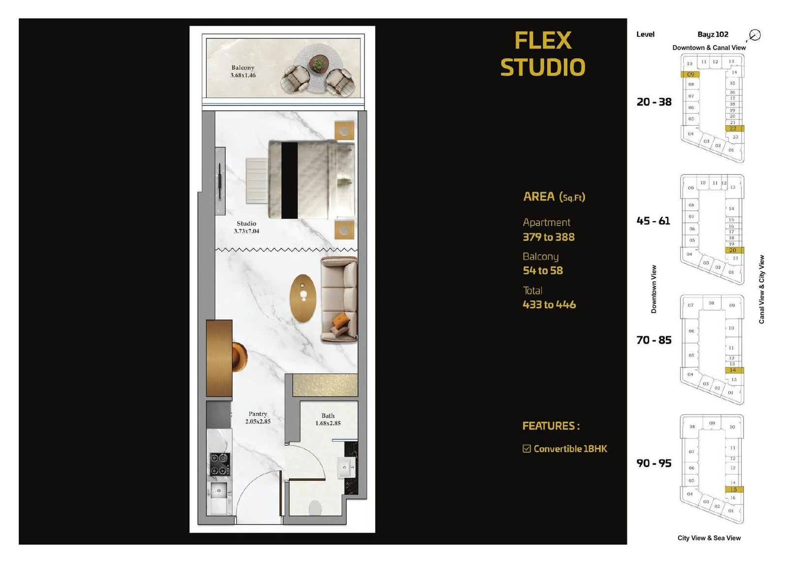 Bayz 102 Flex studio apartment floor plan, convertible to 1BHK, 433 to 446 sq ft