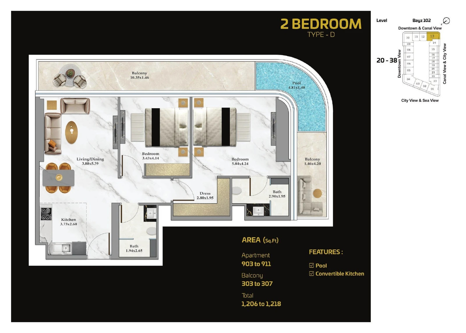 Bayz 102 2 Bedroom Type D apartment floor plan with pool, 1206 to 1218 sq ft