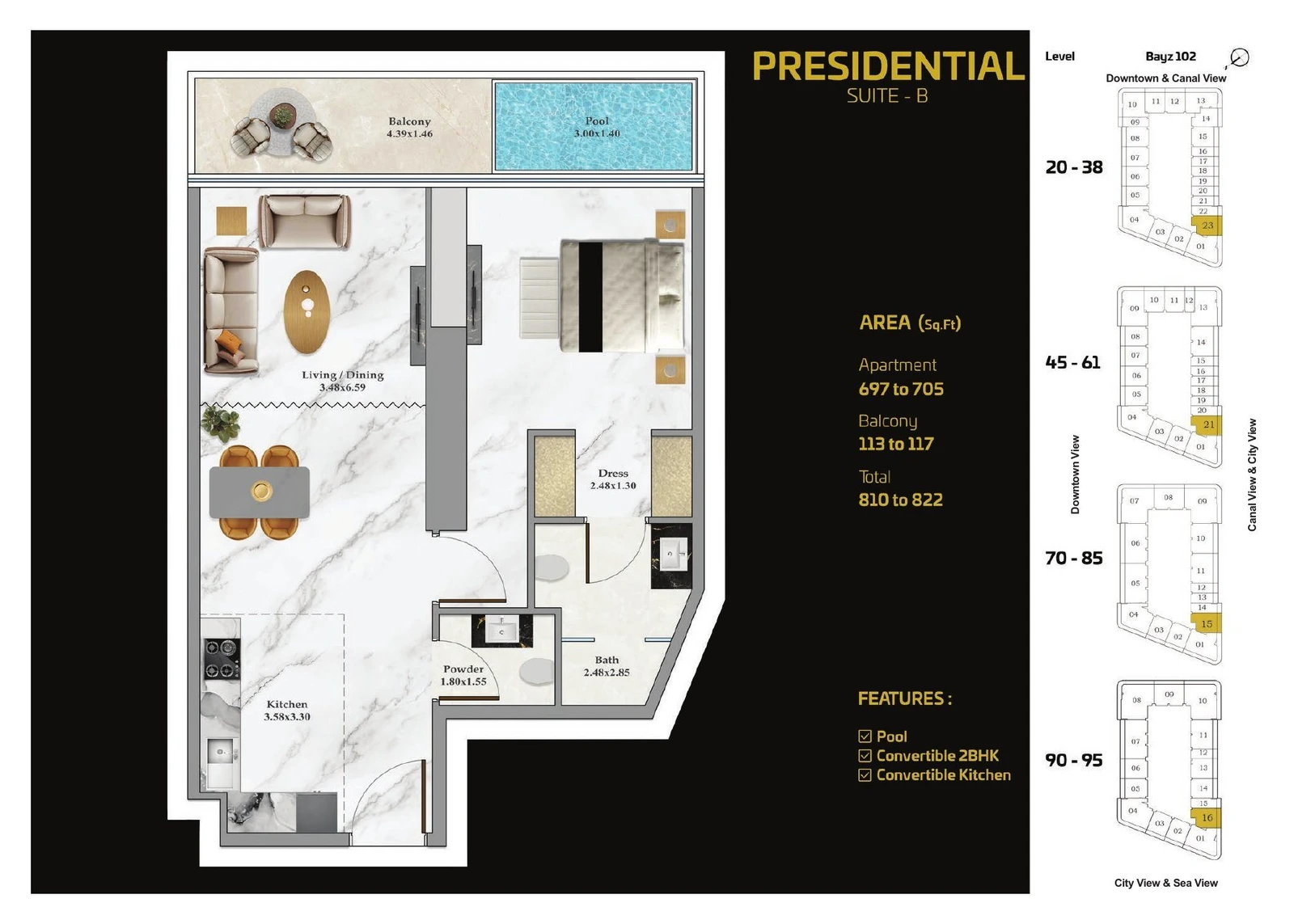 Bayz 102 1 bedroom Presidential Suite B apartment floor plan with pool, 810 to 822 sq ft