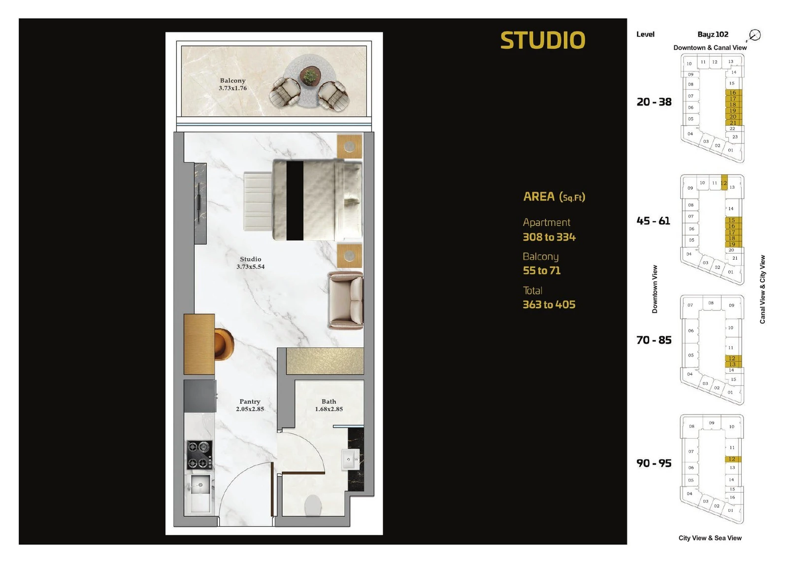 Bayz 102 Standard studio apartment floor plan, 363 to 405 sq ft