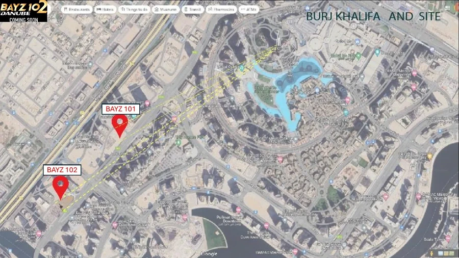 Bayz 102 location map in Business Bay showing the project site and Burj Khalifa