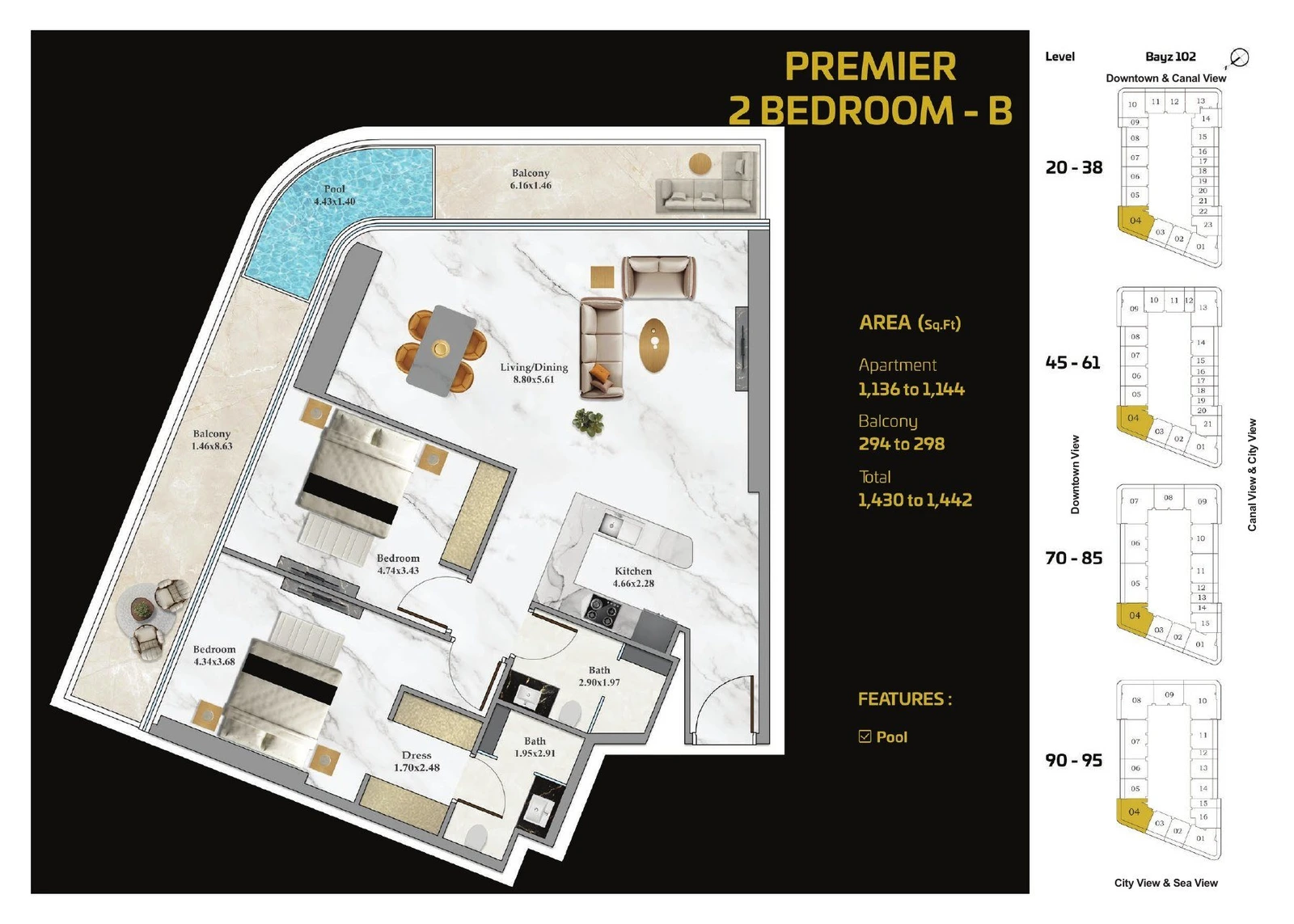Bayz 102 Premier B 2 bedroom apartment floor plan with pool, 1430 to 1442 sq ft