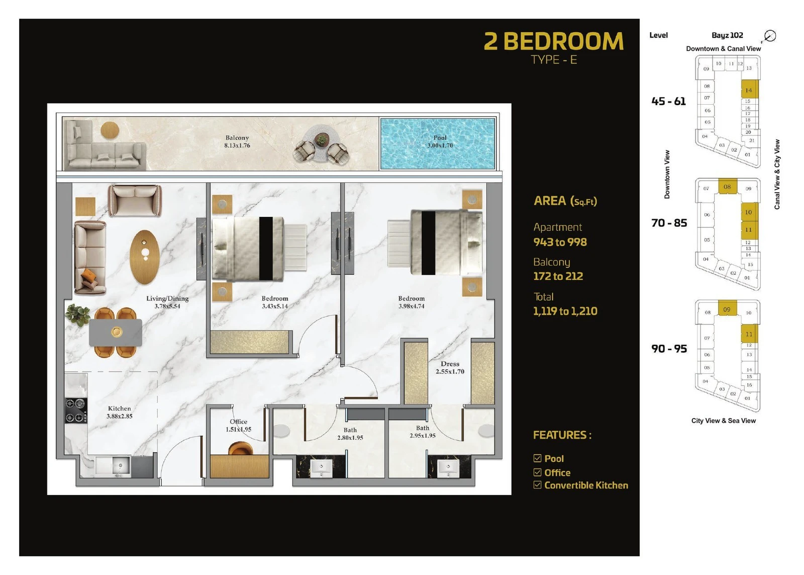 Bayz 102 2 Bedroom Type E apartment floor plan with pool and office, 1119 to 1210 sq ft