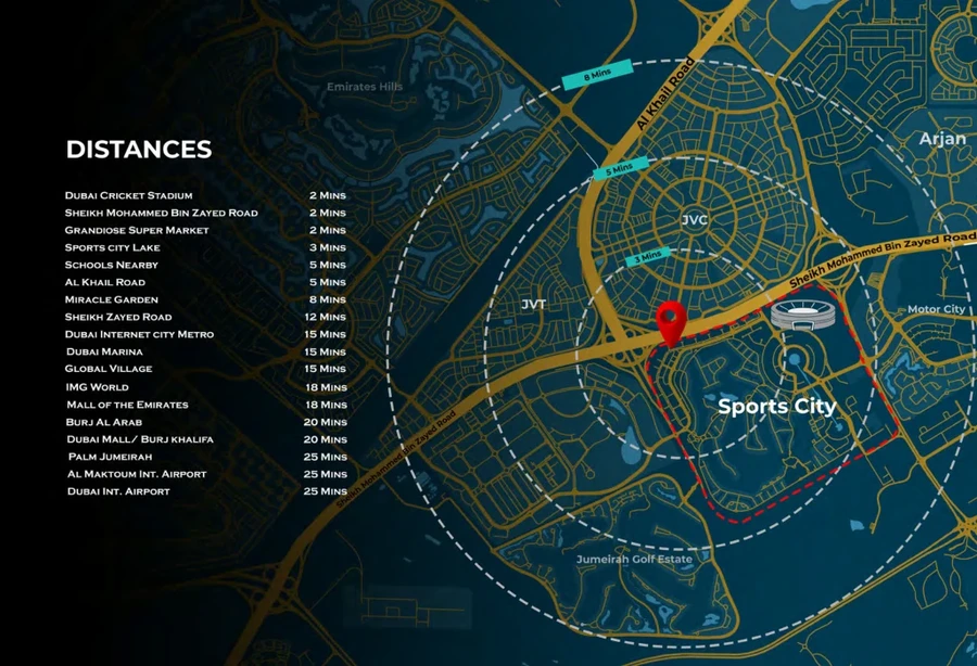 Aspirz Tower location map in Dubai Sports City with nearby destinations