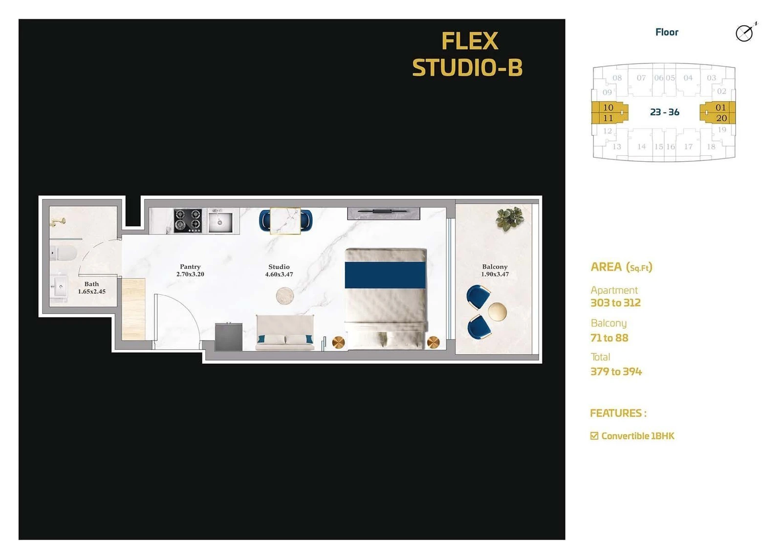 Aspirz Tower Flex Type B studio apartment floor plan, 379-394 sq ft
