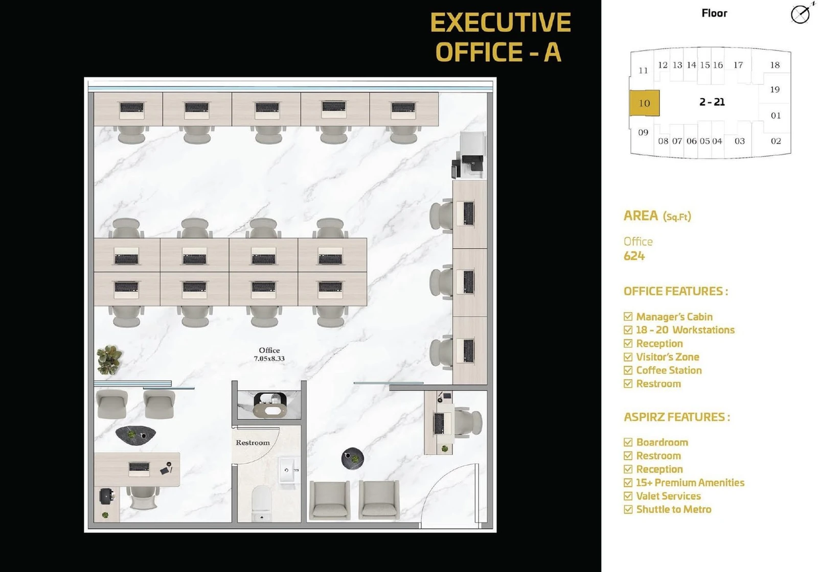Aspirz Tower Executive A office floor plan, 624 sq ft