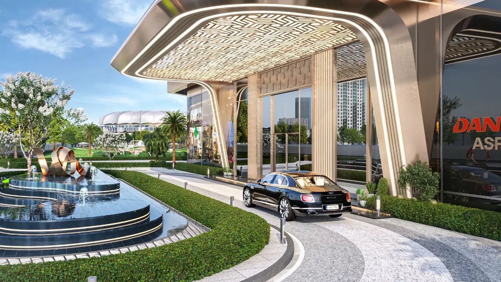 Aspirz Tower landscaped main entrance and tower exterior
