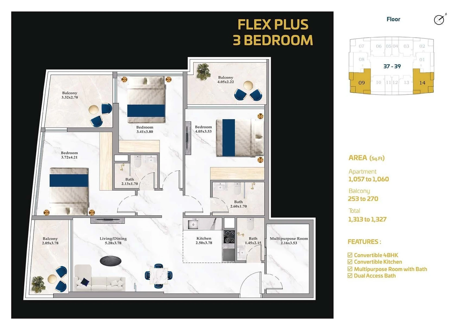 Aspirz Tower Flex Plus 3 bedroom apartment floor plan, 1,313-1,327 sq ft