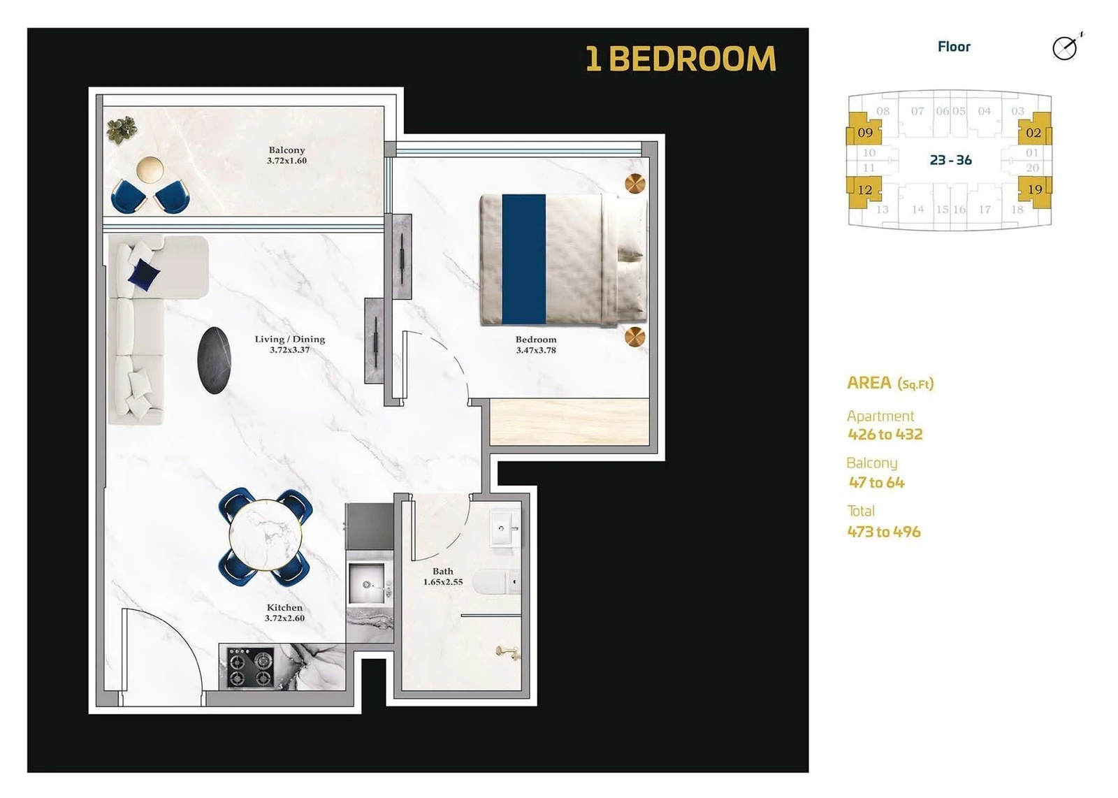 Aspirz Tower 1 bedroom apartment floor plan, 473-496 sq ft