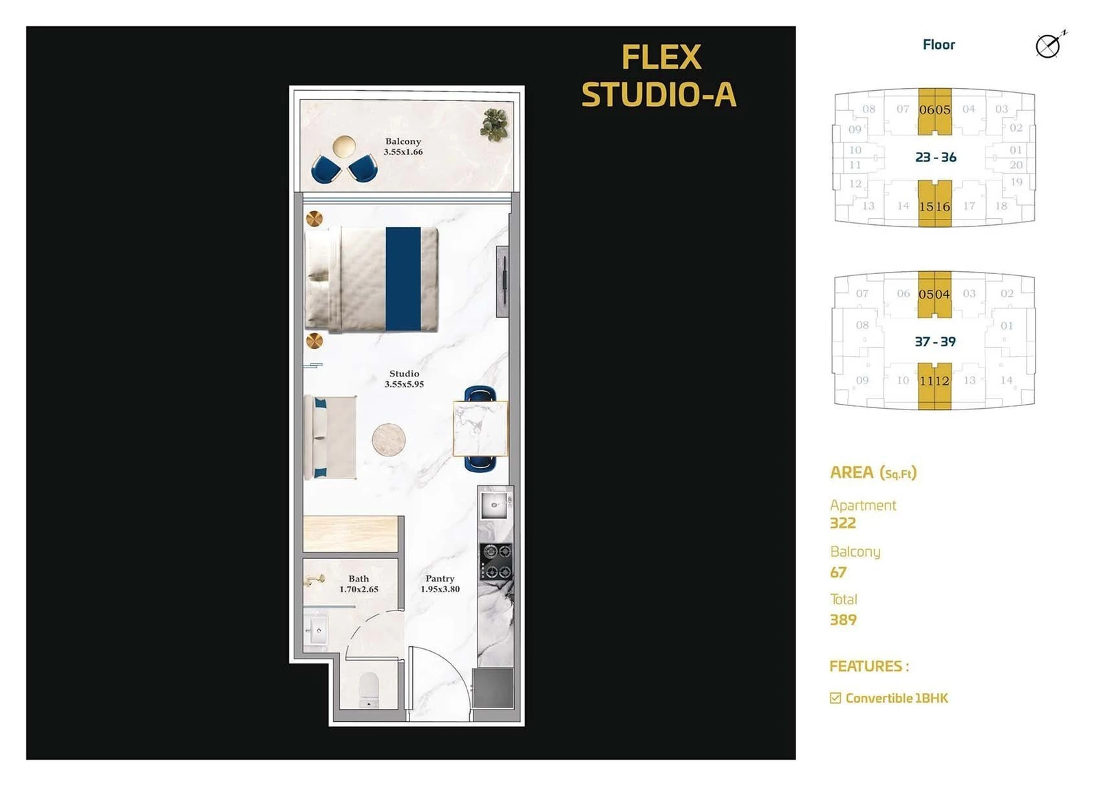 Aspirz Tower Flex Type A studio apartment floor plan, 389 sq ft