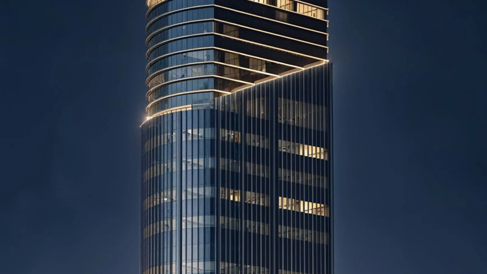 1970 Office Tower illuminated exterior at night