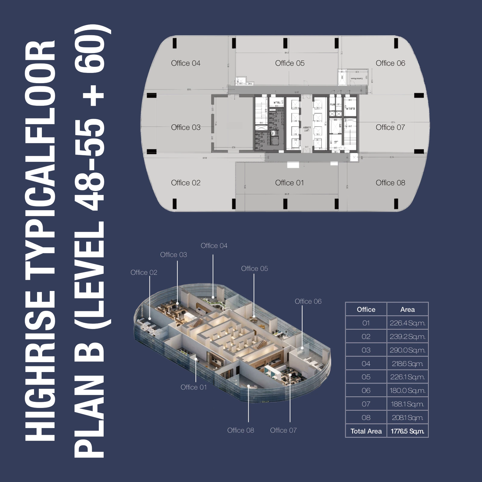 1970 Office Tower High-rise Levels 48-55 and 60 - Office 07 Office Space floor plan, 2,025 sq ft