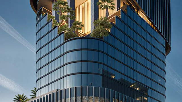 1970 Office Tower daytime exterior with landscaped sky-garden terraces