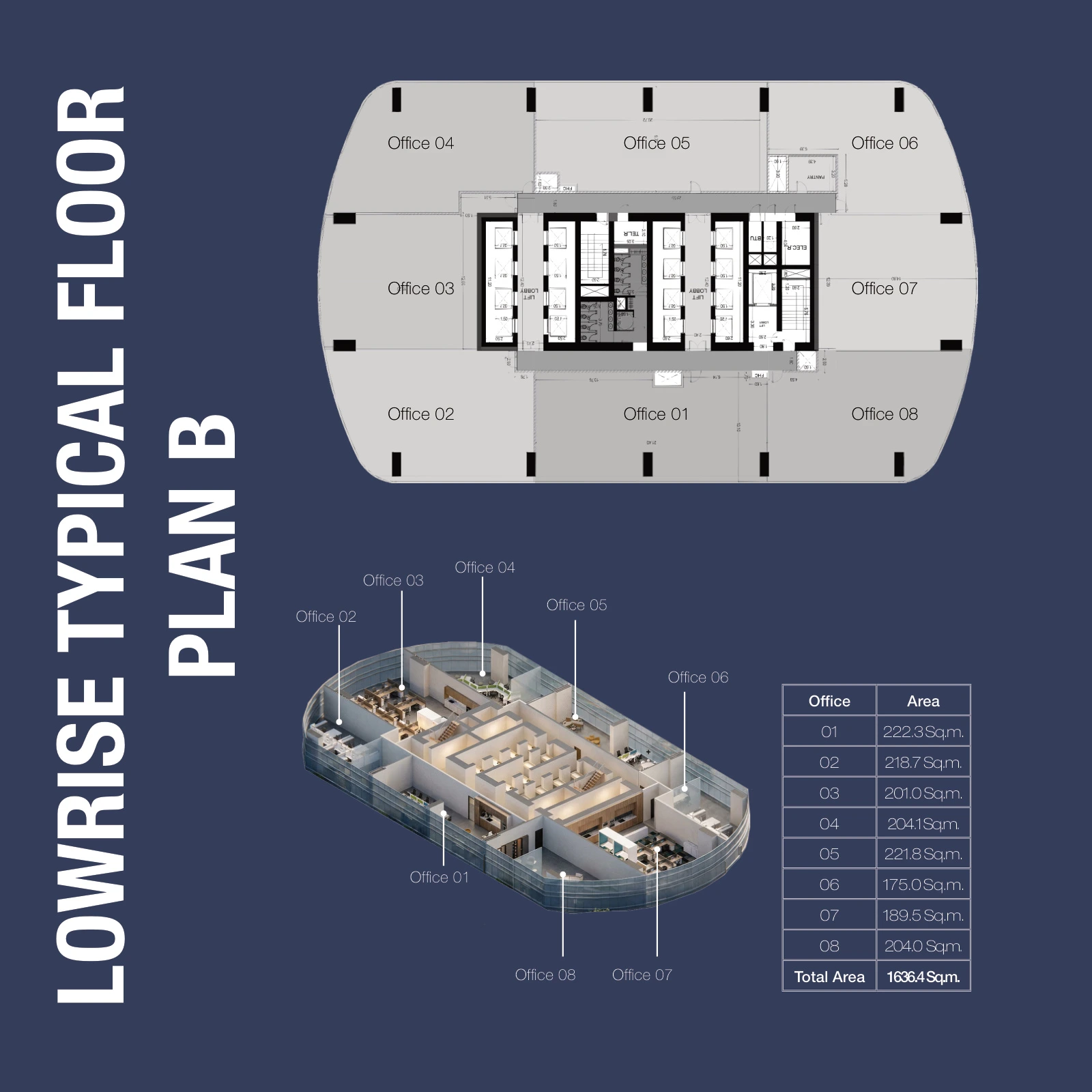 1970 Office Tower Low-rise Plan B - Office 03 Office Space floor plan, 2,164 sq ft