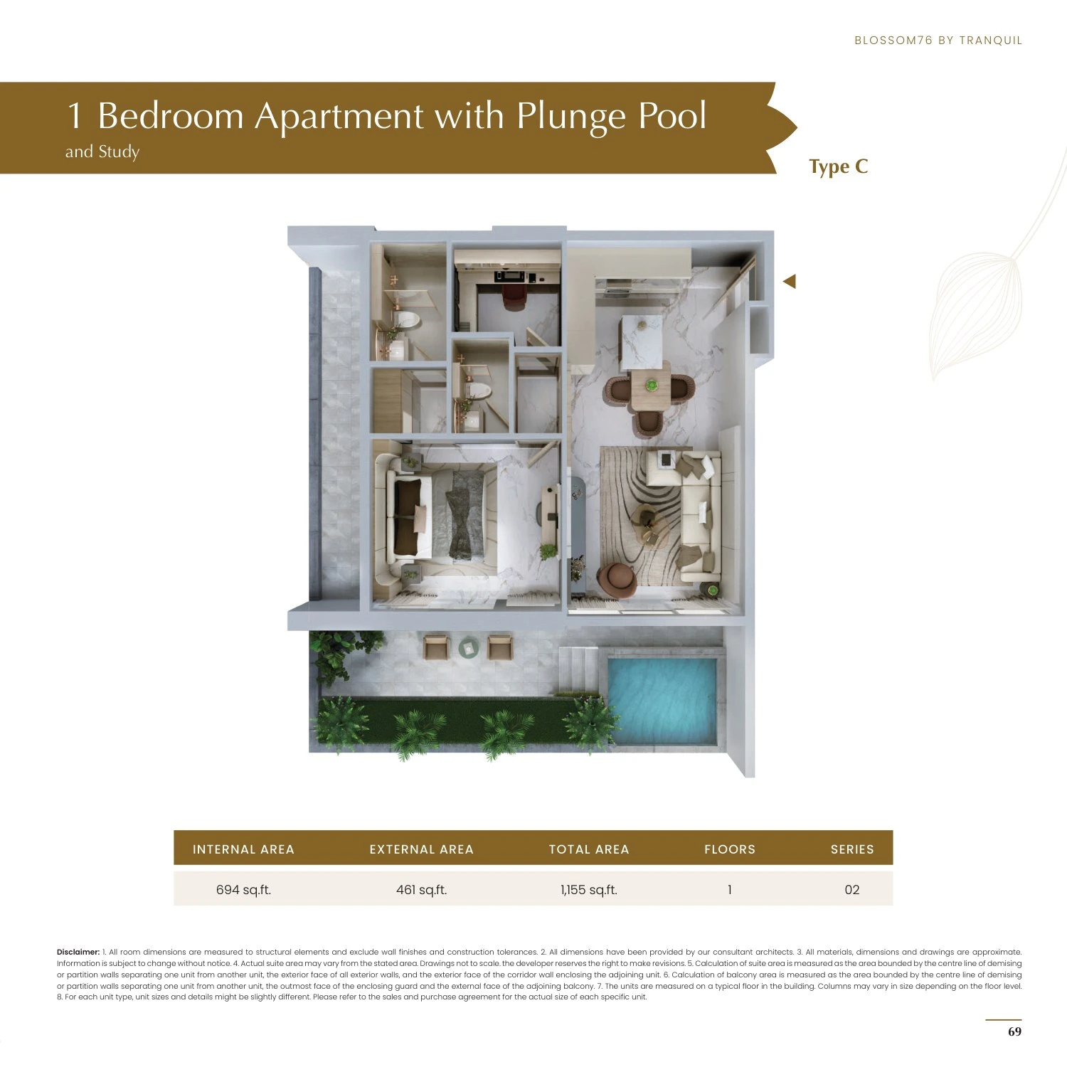 Blossom 76 1-bedroom With Plunge Pool and Study Type C apartment floor plan, 1,155 sq ft