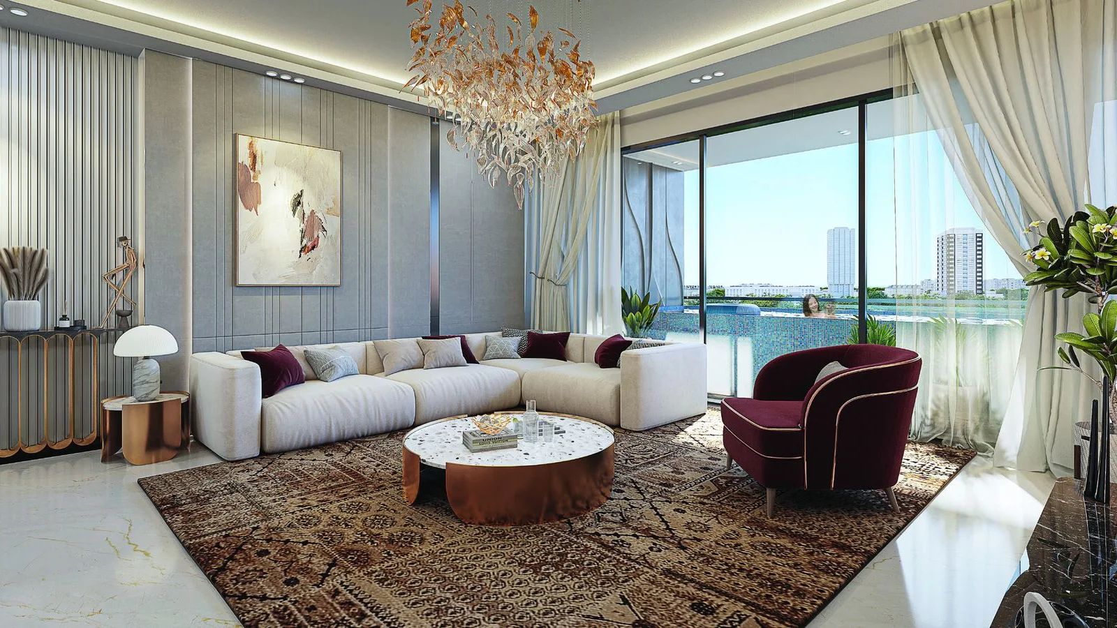 Blossom 76 1-bedroom living room with wraparound windows