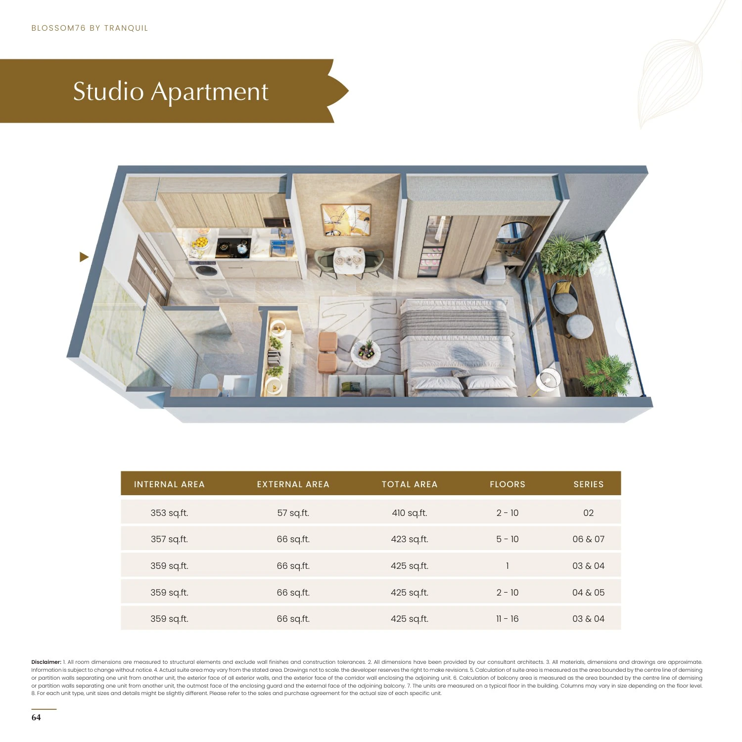 Blossom 76 Standard studio apartment floor plan, 410-425 sq ft