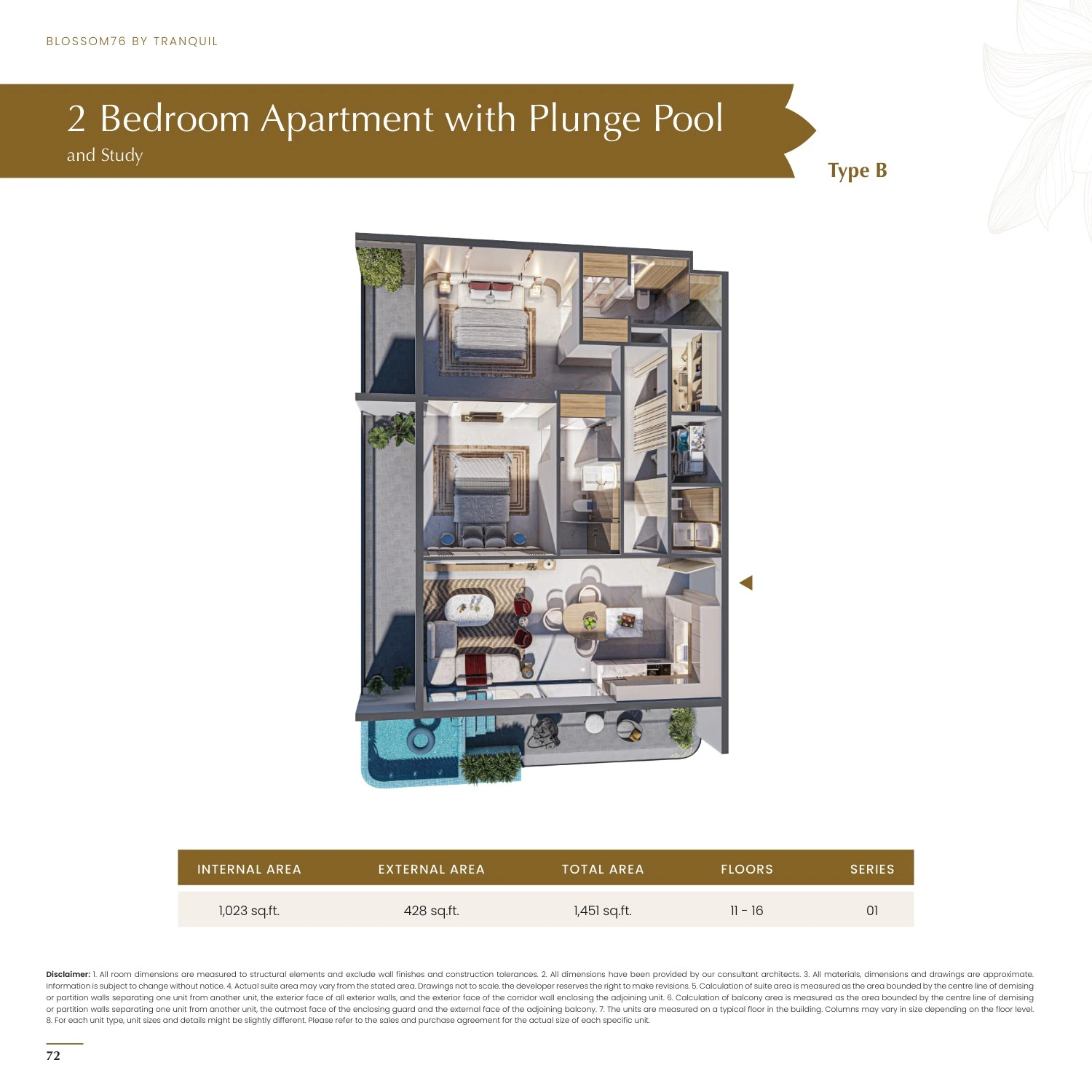 Blossom 76 2-bedroom With Plunge Pool and Study Type B apartment floor plan, 1,451 sq ft
