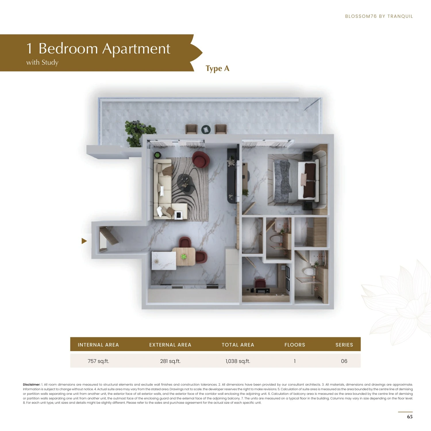 Blossom 76 1-bedroom With Study Type A apartment floor plan, 1,038 sq ft