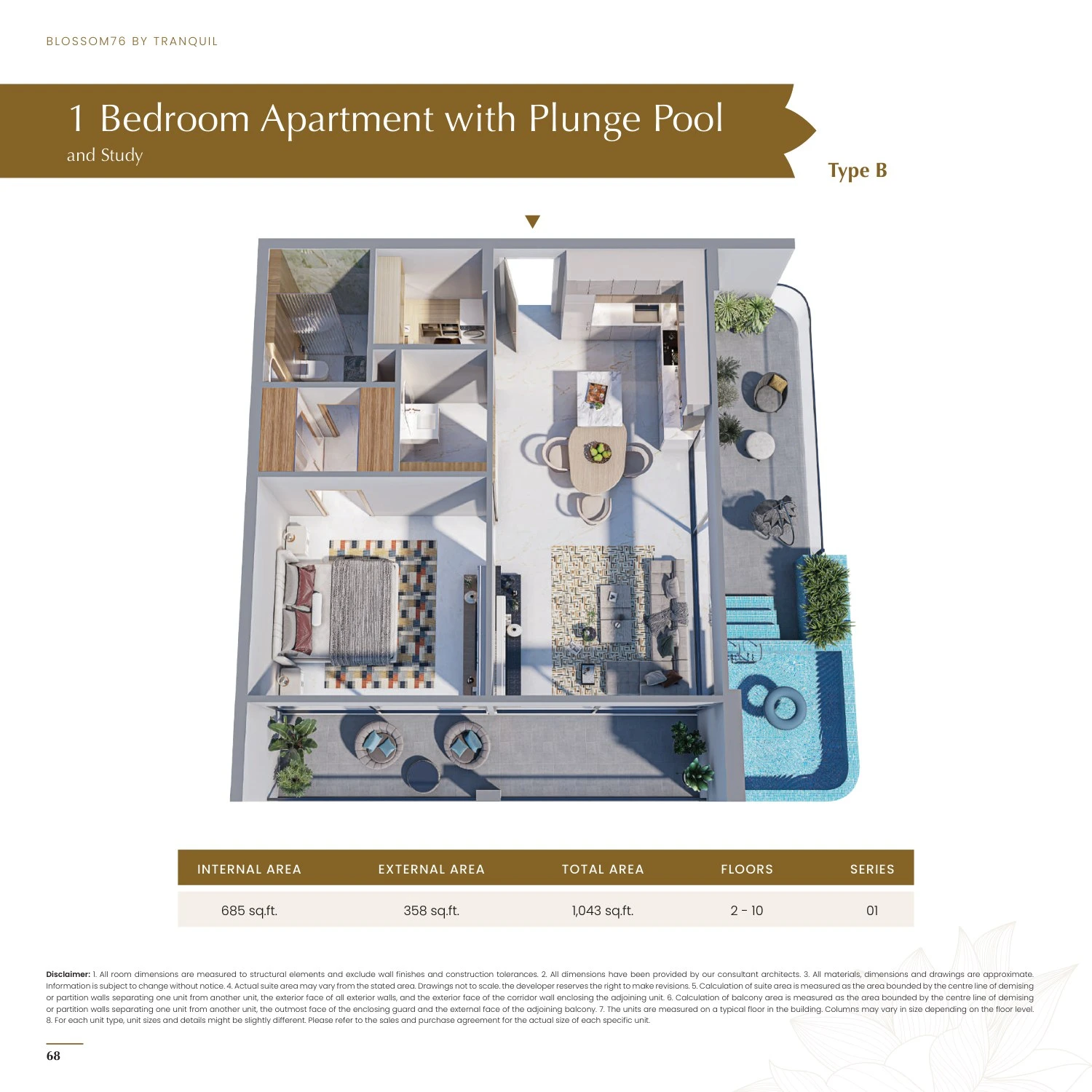 Blossom 76 1-bedroom With Plunge Pool and Study Type B apartment floor plan, 1,043 sq ft