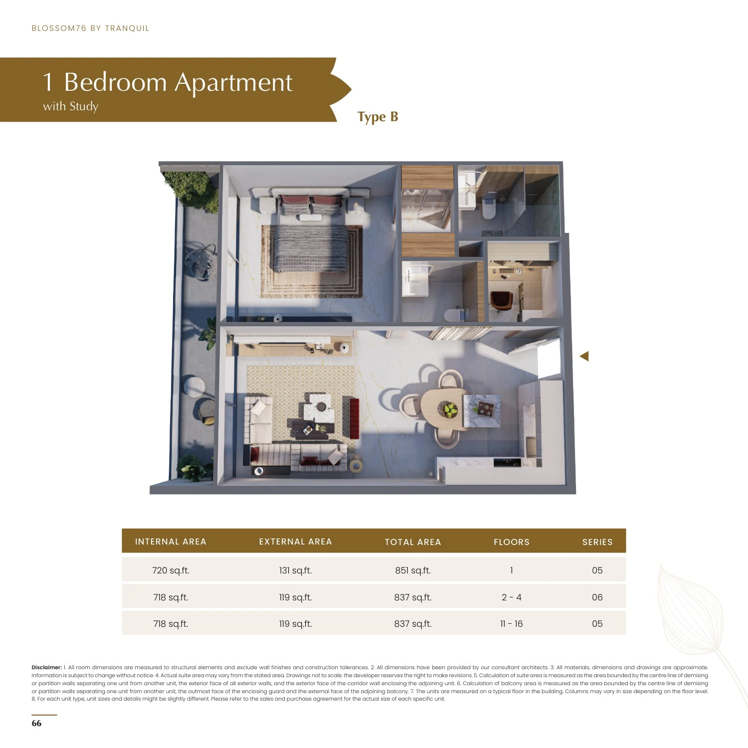 Blossom 76 1-bedroom With Study Type B apartment floor plan, 837-851 sq ft