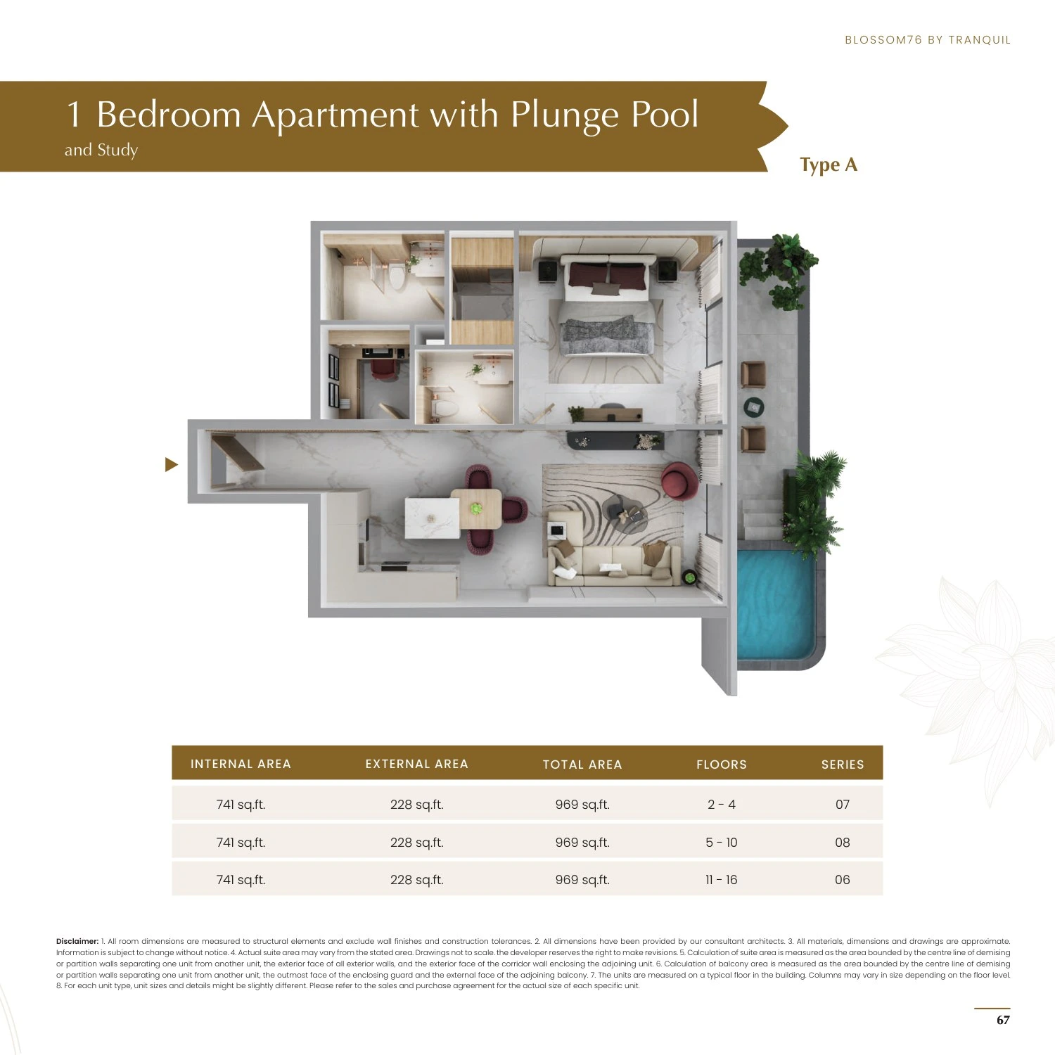 Blossom 76 1-bedroom With Plunge Pool and Study Type A apartment floor plan, 969 sq ft