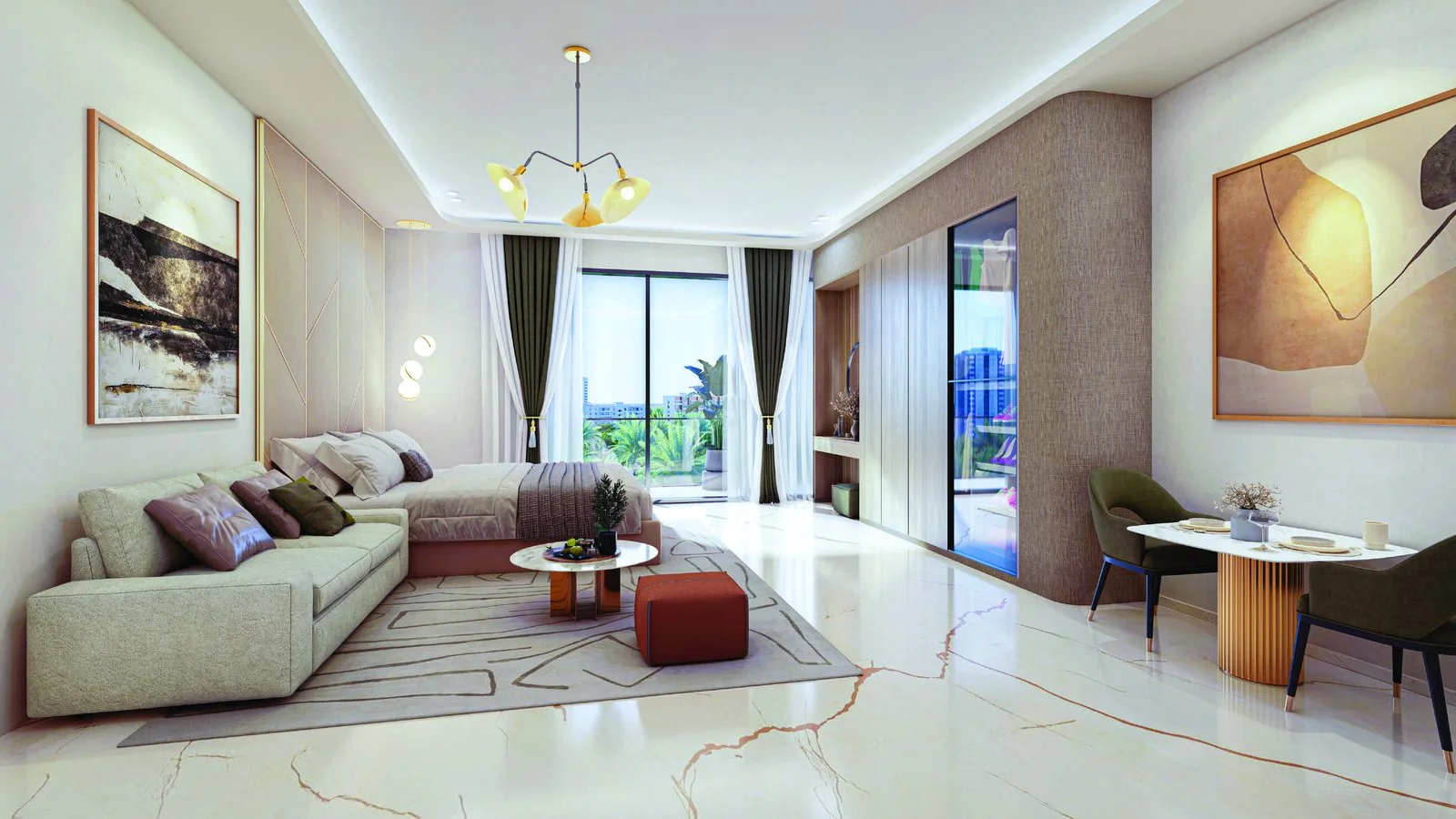 Blossom 76 studio living and dining interior with balcony