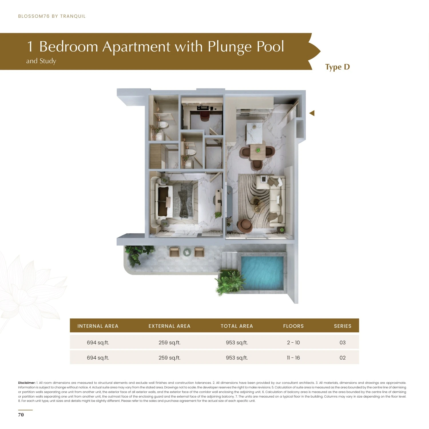 Blossom 76 1-bedroom With Plunge Pool and Study Type D apartment floor plan, 953 sq ft