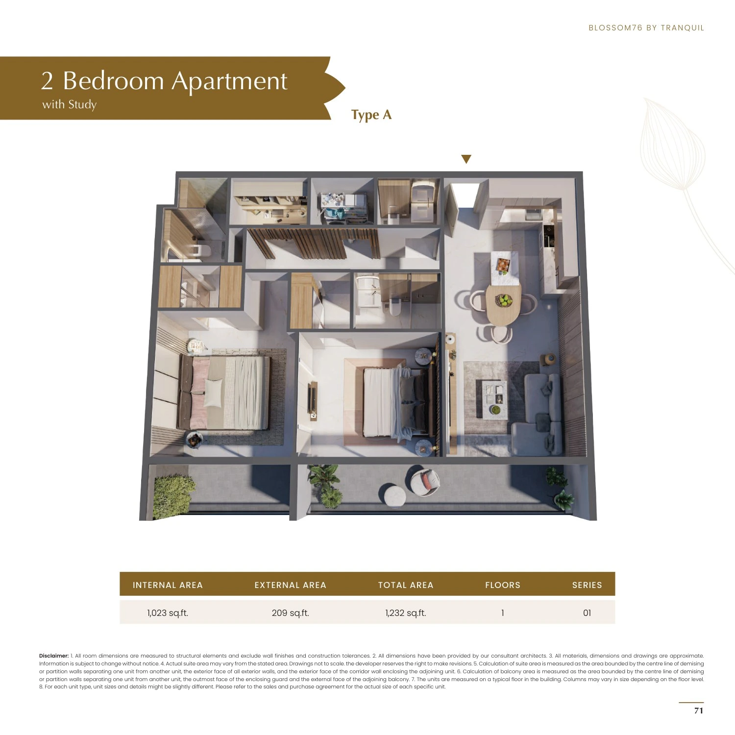 Blossom 76 2-bedroom With Study Type A apartment floor plan, 1,232 sq ft