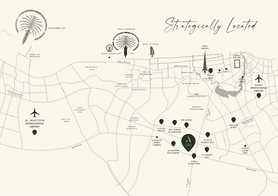 Aark Terraces location map showing Dubai Land Residence Complex and connections to major Dubai roads