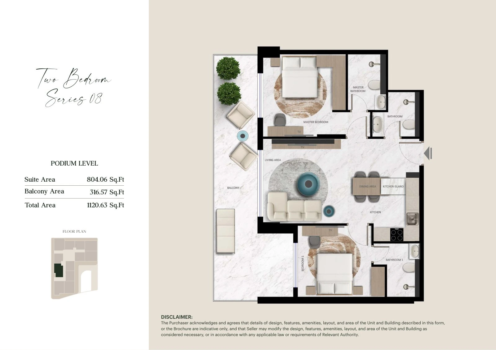 Aark Terraces 2-bedroom Series 08 - Podium apartment floor plan for Podium Level, 1,120.63 sq ft