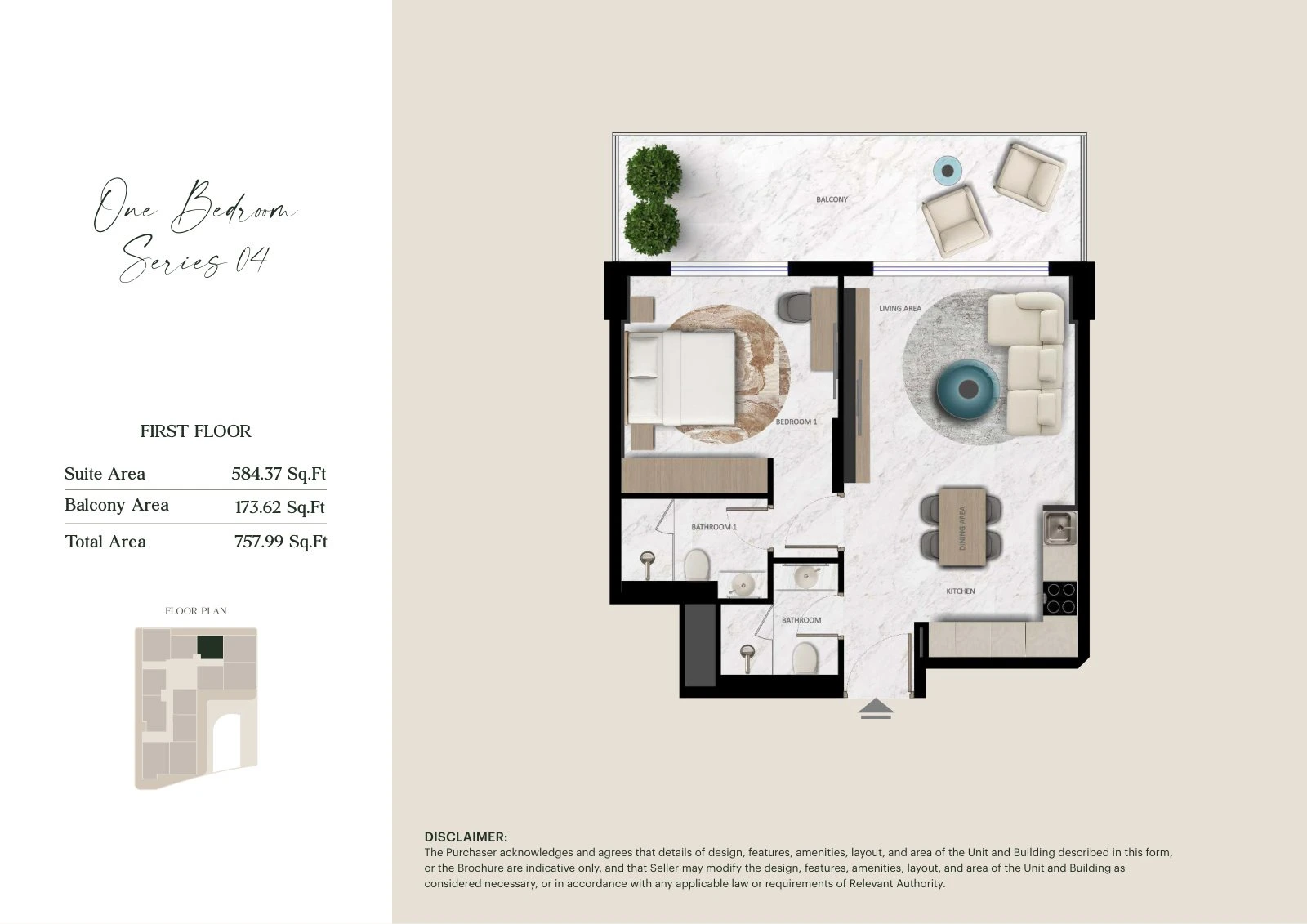 Aark Terraces 1-bedroom Series 04 - First Floor apartment floor plan for First Floor, 757.99 sq ft