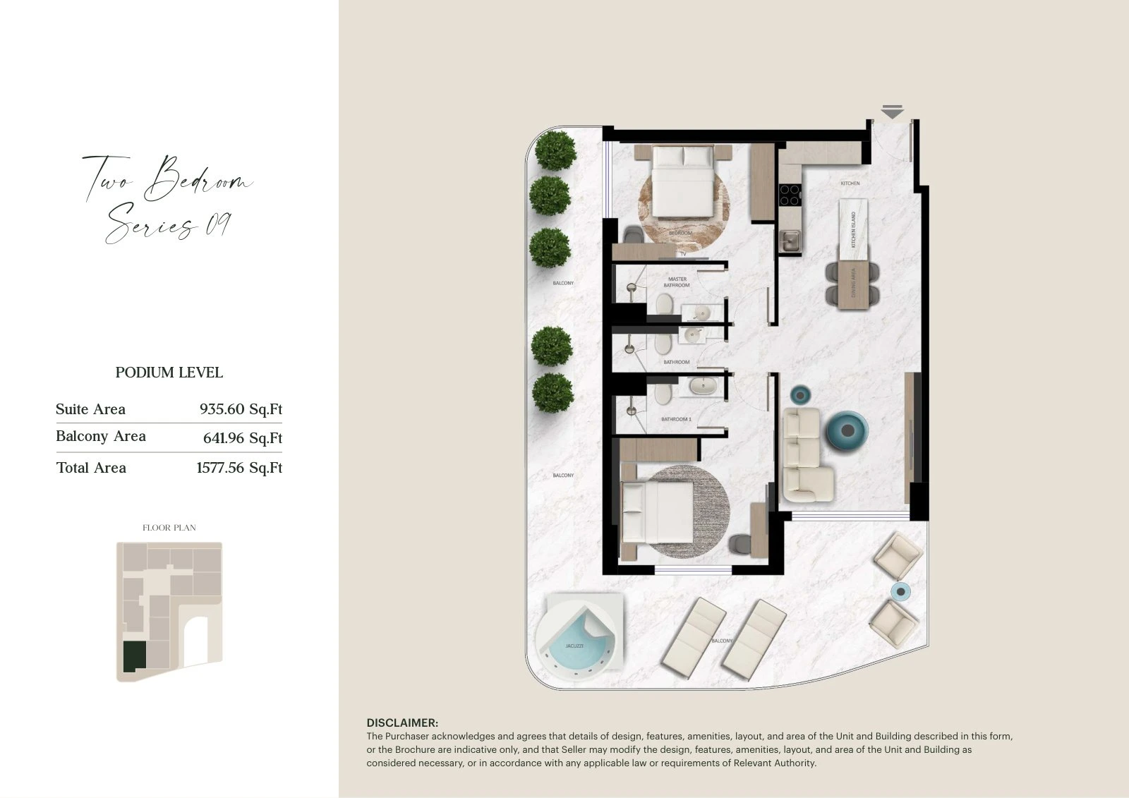 Aark Terraces 2-bedroom Series 09 with Jacuzzi - Podium apartment floor plan for Podium Level, 1,577.56 sq ft