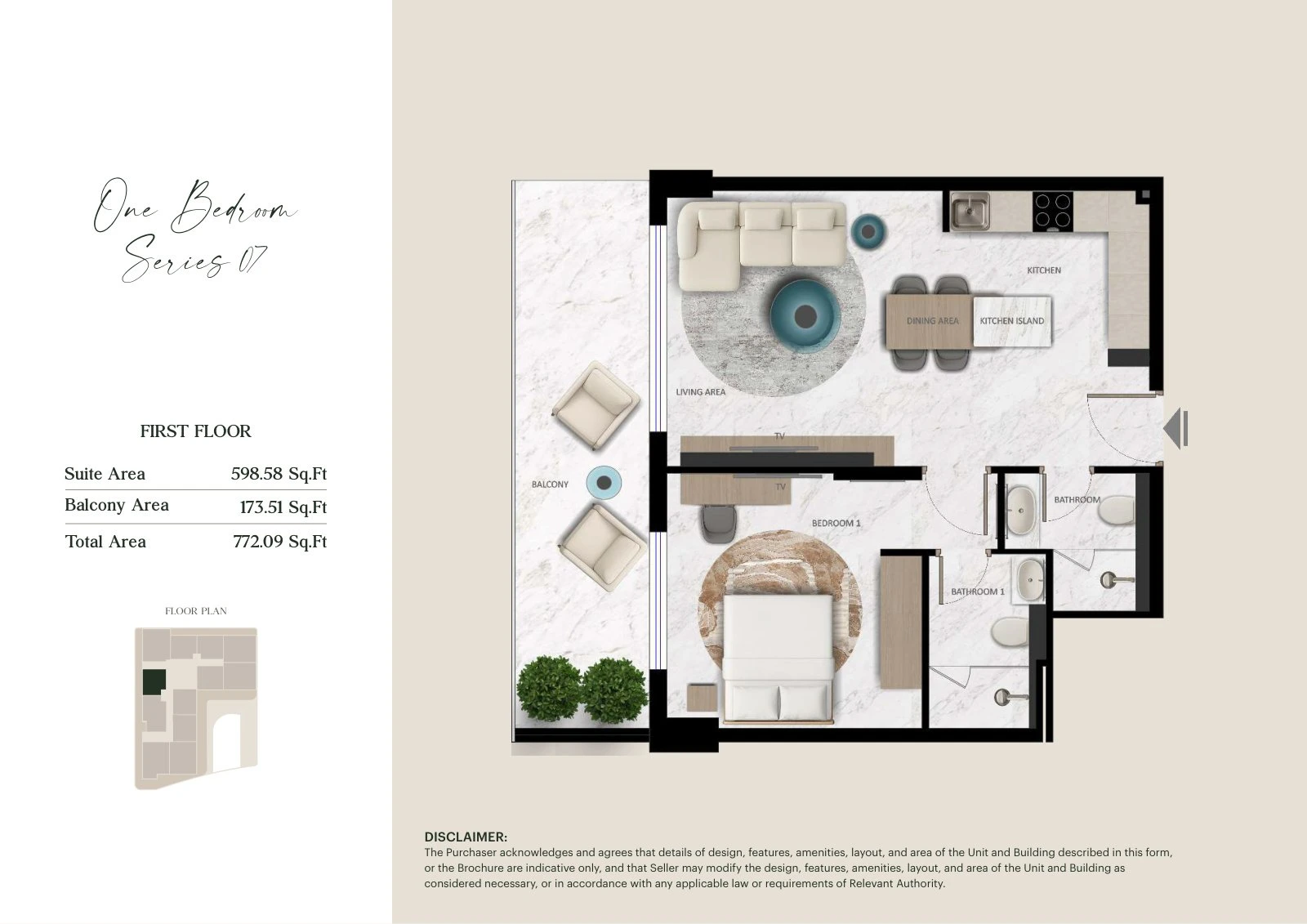 Aark Terraces 1-bedroom Series 07 - First Floor apartment floor plan for First Floor, 772.09 sq ft