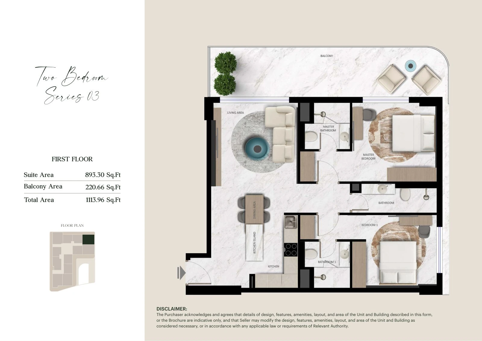 Aark Terraces 2-bedroom Series 03 - First Floor apartment floor plan for First Floor, 1,113.96 sq ft