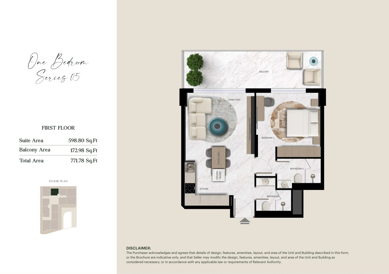 Aark Terraces 1-bedroom Series 05 - First Floor apartment floor plan for First Floor, 771.78 sq ft