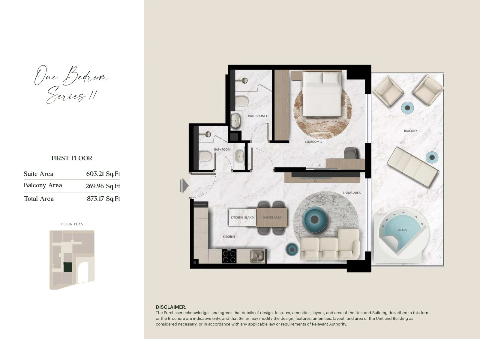 Aark Terraces 1-bedroom Series 11 with Jacuzzi - First Floor apartment floor plan for First Floor, 873.17 sq ft