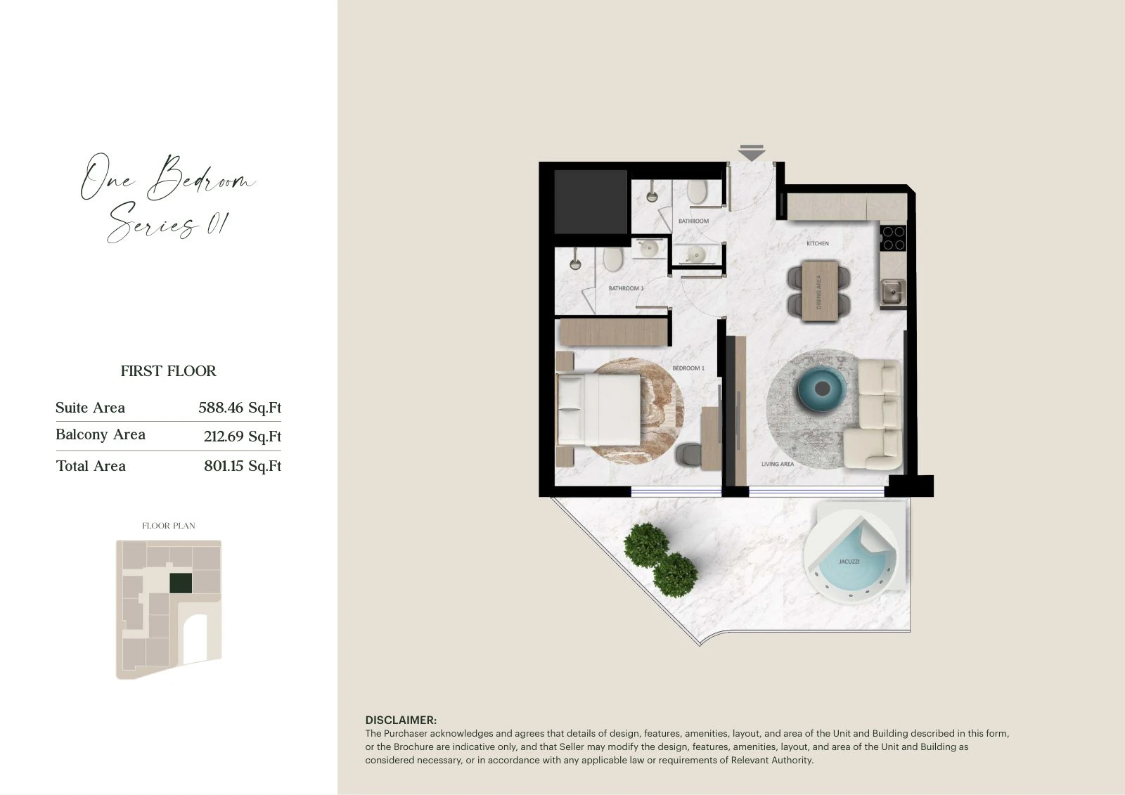 Aark Terraces 1-bedroom Series 01 with Jacuzzi - First Floor apartment floor plan for First Floor, 801.15 sq ft