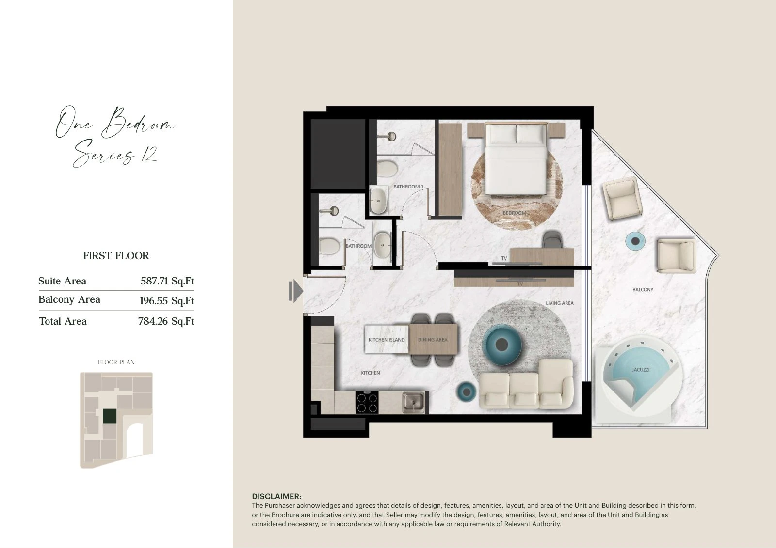 Aark Terraces 1-bedroom Series 12 with Jacuzzi - First Floor apartment floor plan for First Floor, 784.26 sq ft