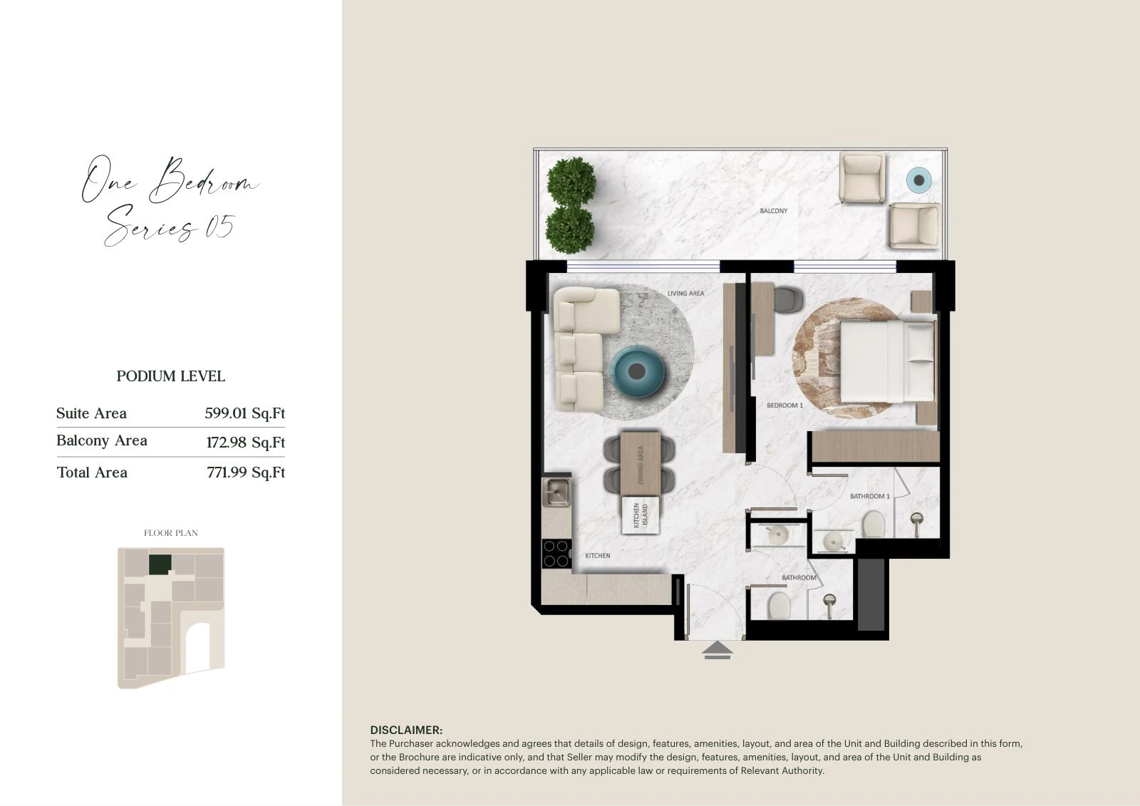 Aark Terraces 1-bedroom Series 05 - Podium apartment floor plan for Podium Level, 771.99 sq ft