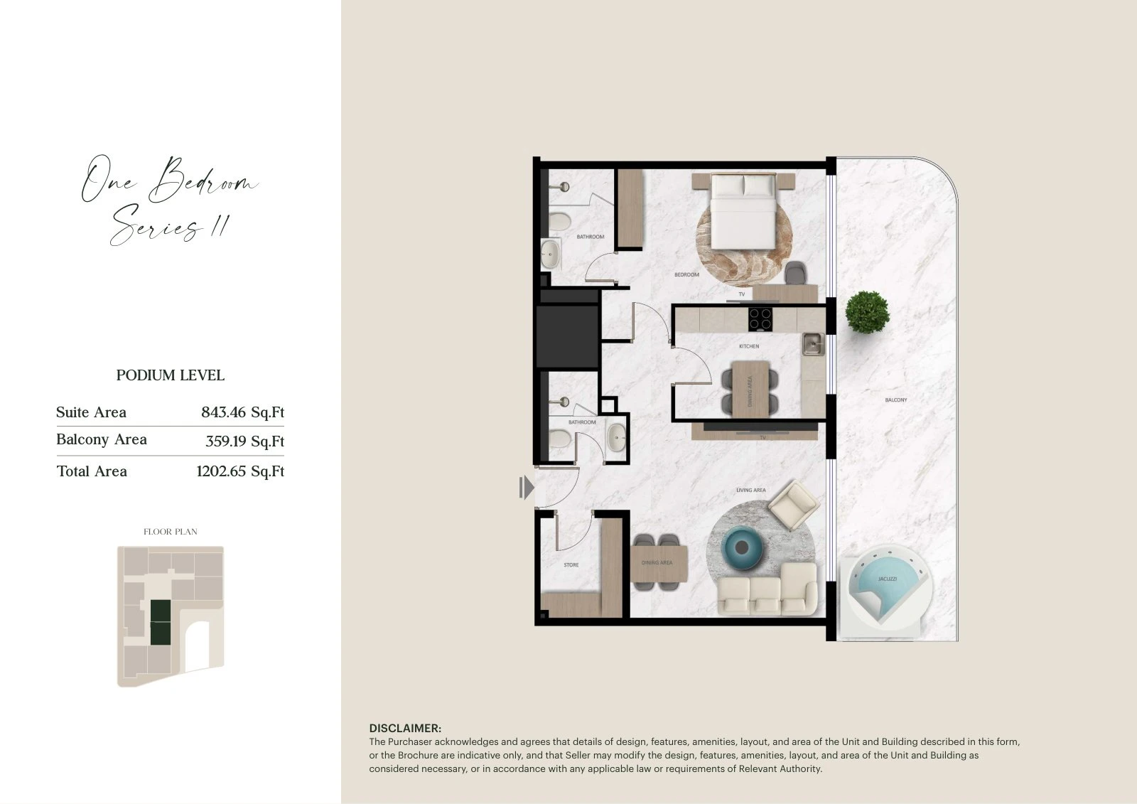 Aark Terraces 1-bedroom Series 11 with Jacuzzi - Podium apartment floor plan for Podium Level, 1,202.65 sq ft