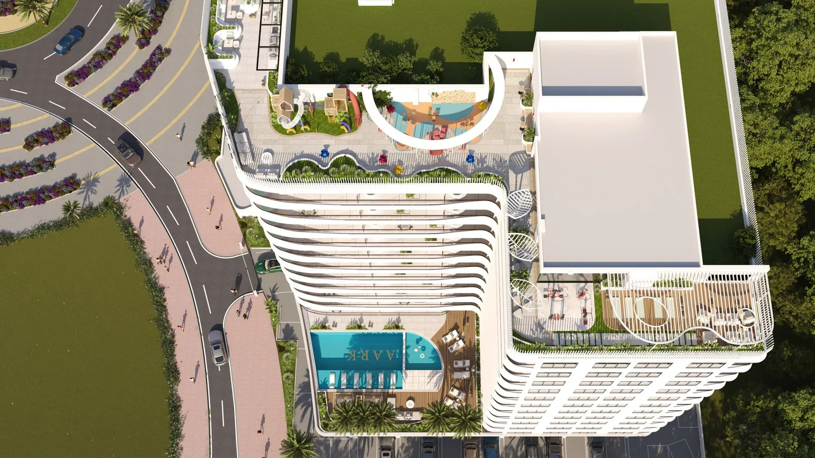 Aark Terraces aerial view of the tower, podium pool and landscaped amenity deck