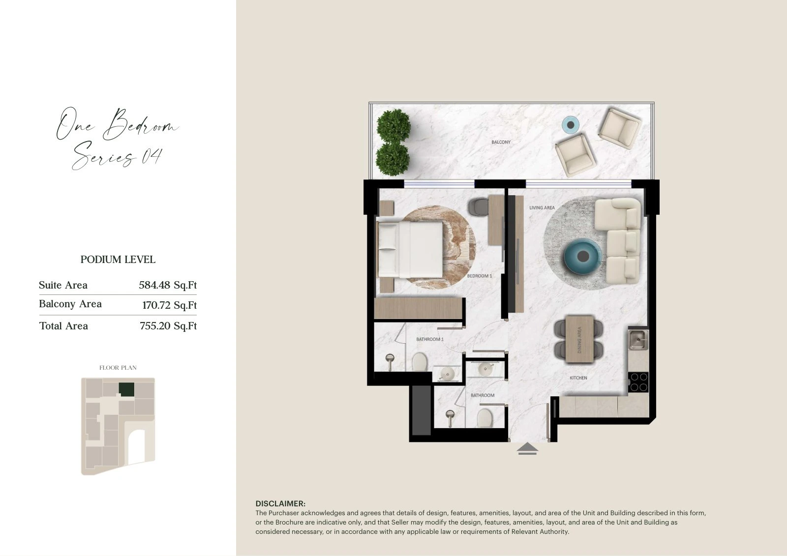 Aark Terraces 1-bedroom Series 04 - Podium apartment floor plan for Podium Level, 755.20 sq ft