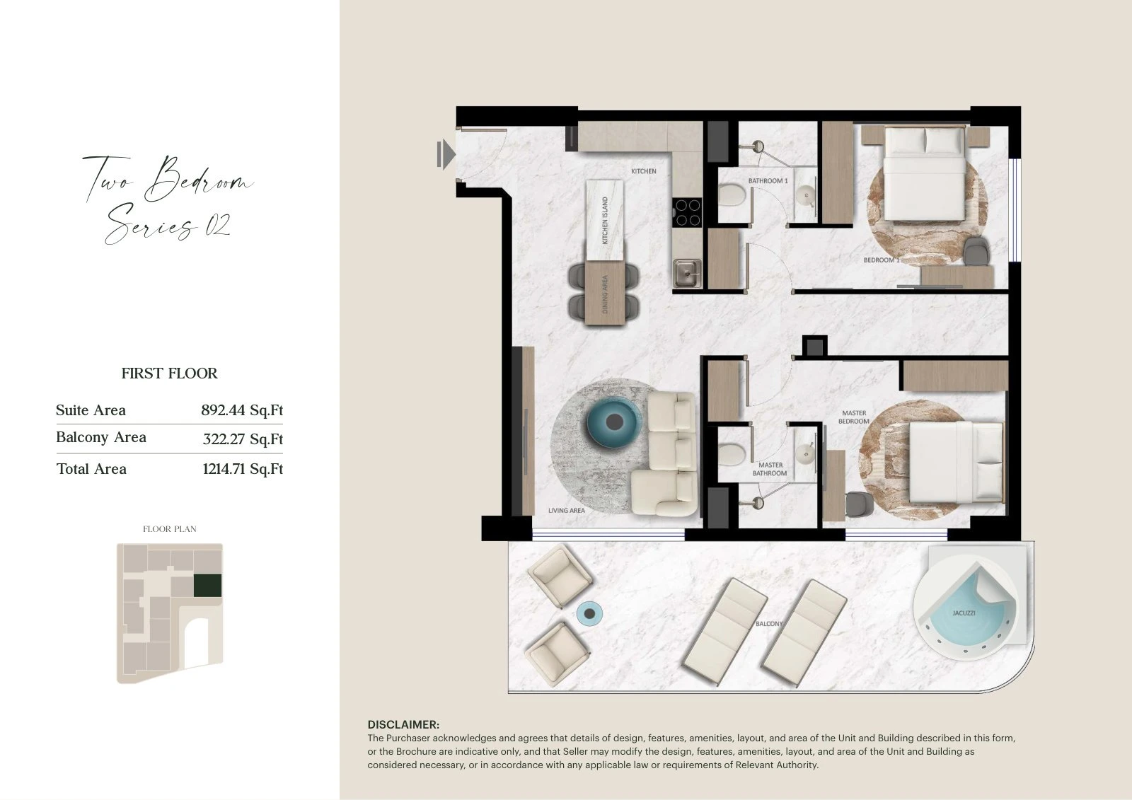 Aark Terraces 2-bedroom Series 02 with Jacuzzi - First Floor apartment floor plan for First Floor, 1,214.71 sq ft